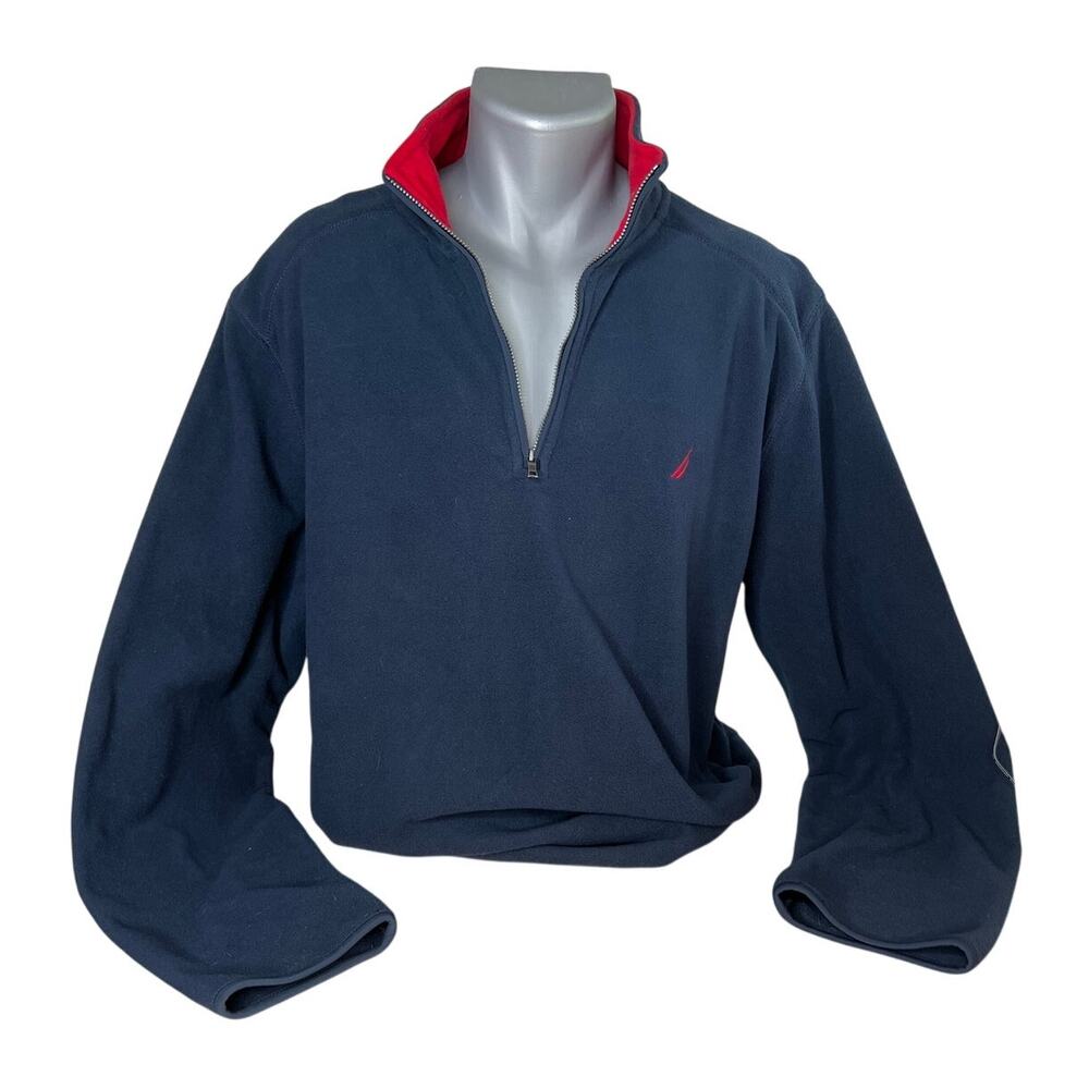 Nautica Slim Fit Men's 1/4 Zip Navy Blue and Red Nautex Pullover Fleece Size XL